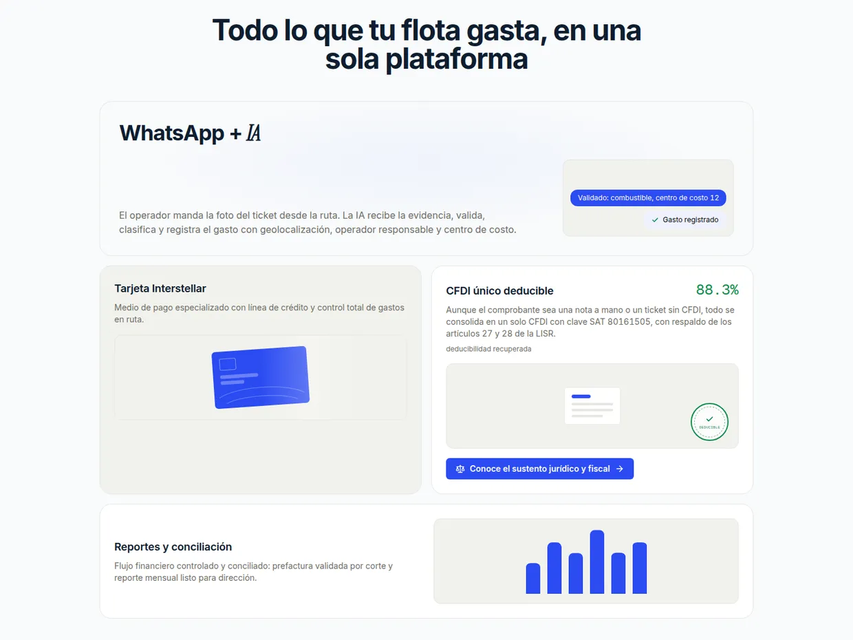 Sección de i-Fleet con el registro de gastos por WhatsApp, el CFDI único deducible y los reportes de conciliación
